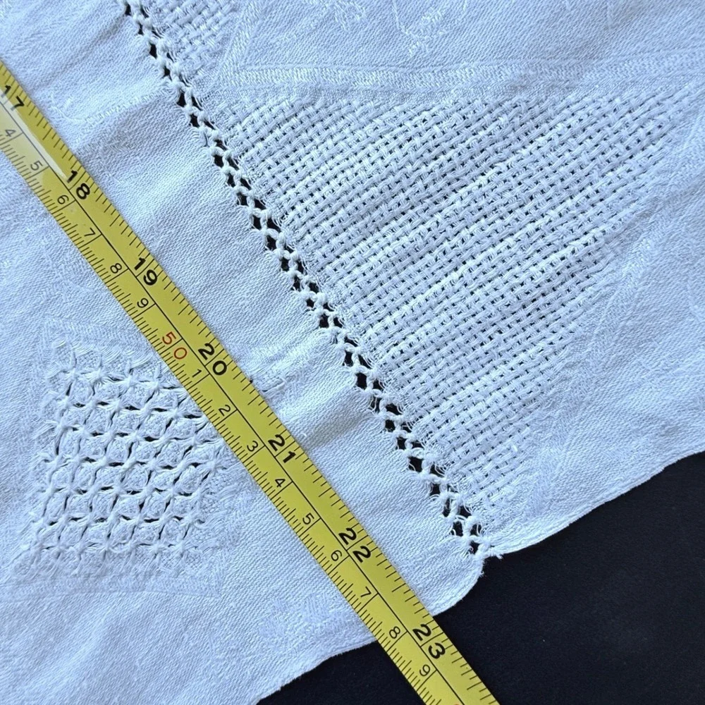 Vintage White Linen Table Runner Embroidered Fringed Edge 23x47 Home Decor